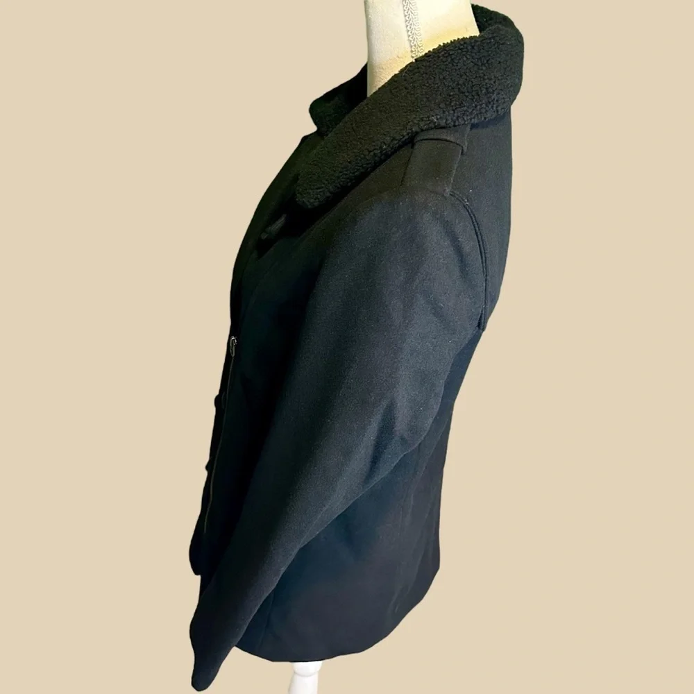 NWT Members Only Fur Collar Black Wool-Blend Double-Breasted Pea Coat Sz Small